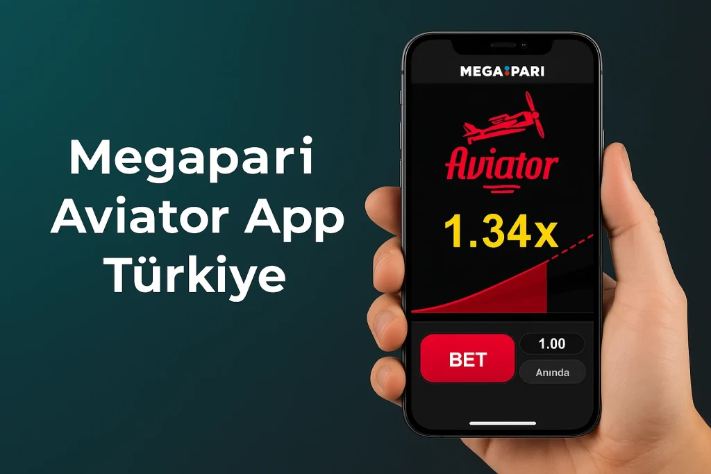 Bir elin tuttuğu akıllı telefonda Megapari Aviator uygulaması ekranı gösteriliyor, kırmızı uçak ve 1.34x çarpan değeri öne çıkıyor