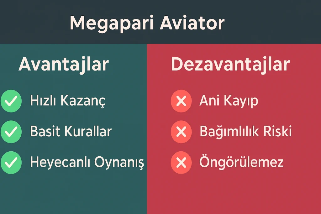 Megapari Aviator oyununun avantajları ve dezavantajlarını gösteren infografik, yeşil onay işaretleriyle artılar ve kırmızı çarpılarla eksiler listelenmiş