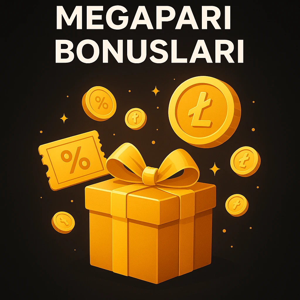 Megapari bonusları için altın hediye kutusu ve TL simgeli madeni paralar