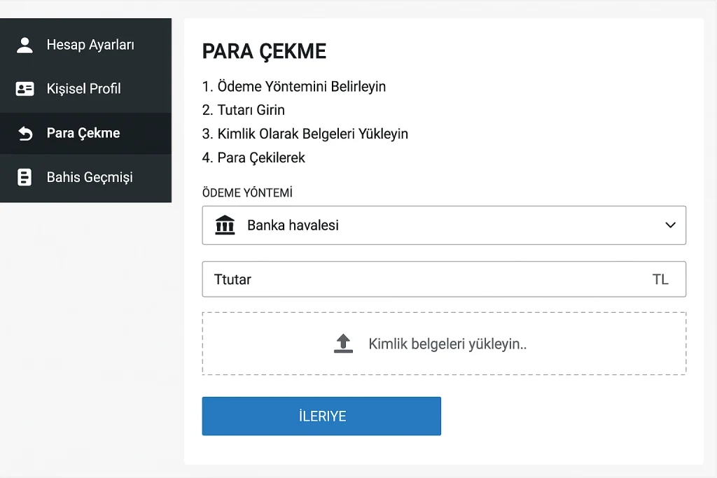 Megapari para çekme ekranı ve ödeme yöntemi seçimi formu