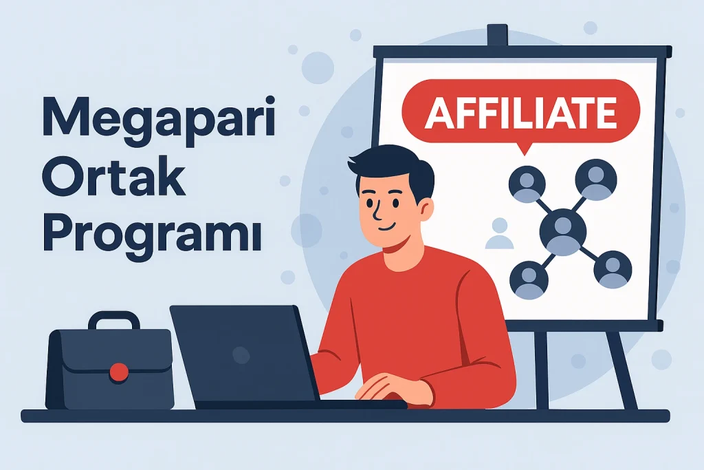 Megapari ortak programının dizüstü bilgisayar başındaki bir kullanıcıyla tanıtım görseli