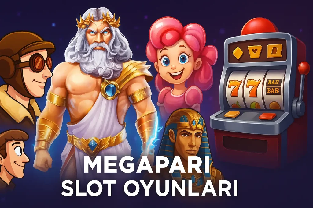 Aviator, Zeus, Sweet Bonanza ve Book of Dead karakterleriyle Megapari slot oyunları tanıtım afişi