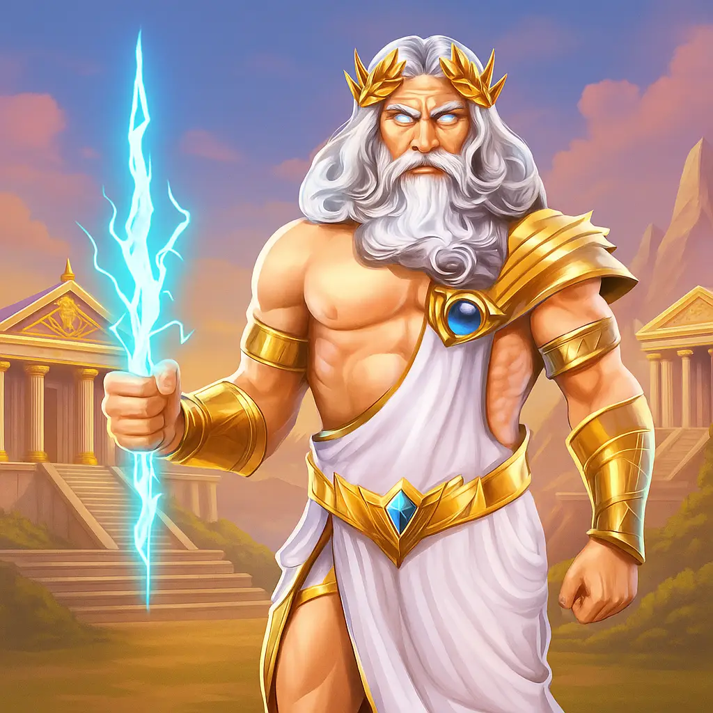 Megapari Gates of Olympus oyunu için antik Yunan temalı bir dijital illüstrasyon