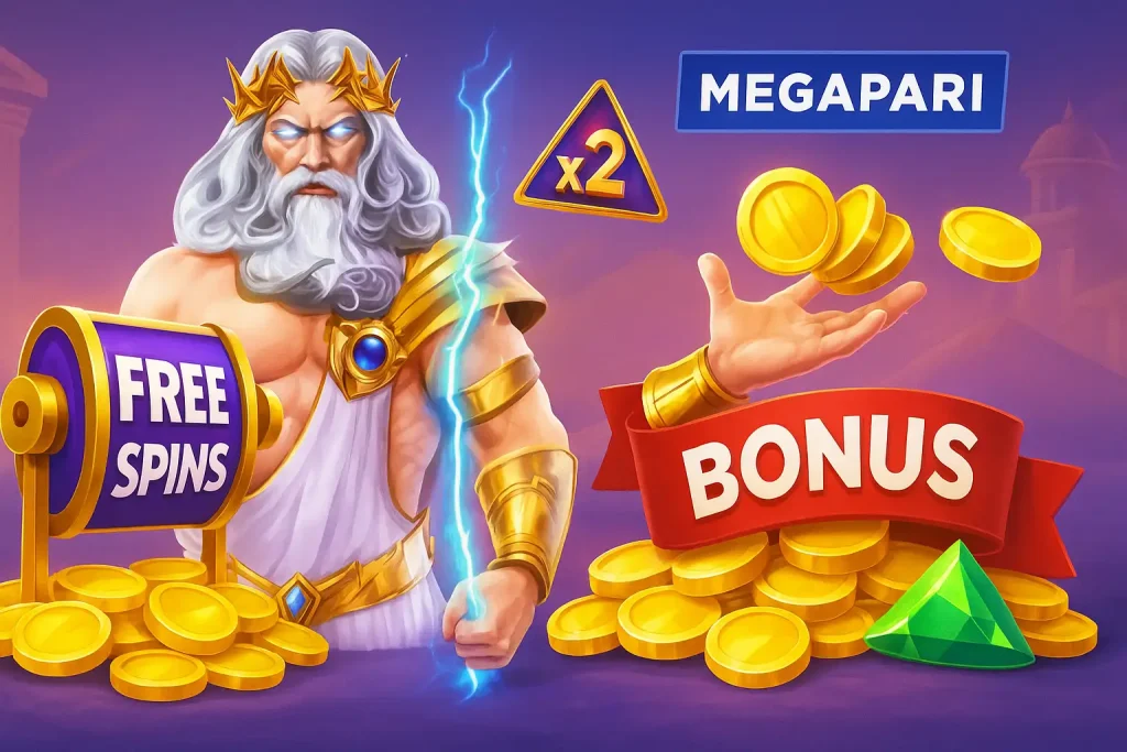 Megapari Gates of Olympus slotu için promosyonlar ve bonus tekliflerini simgeleyen dijital illüstrasyon