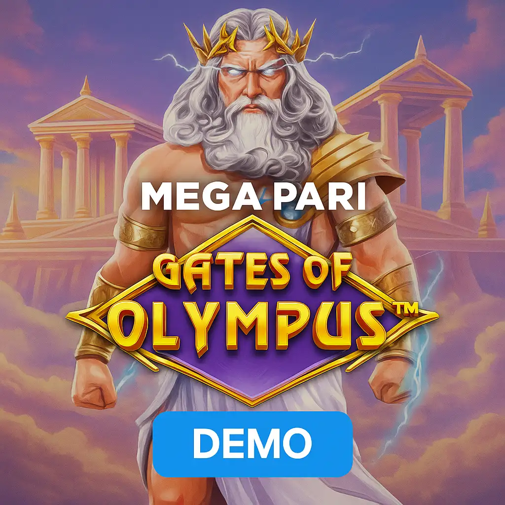 Megapari Gates of Olympus oyununun demo sürümünü simgeleyen dijital bir tanıtım görseli