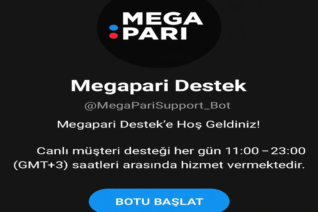 Megapari kullanıcı destek botu arayüzü, Telegram üzerinden canlı yardım saatleriyle birlikte gösteriliyor