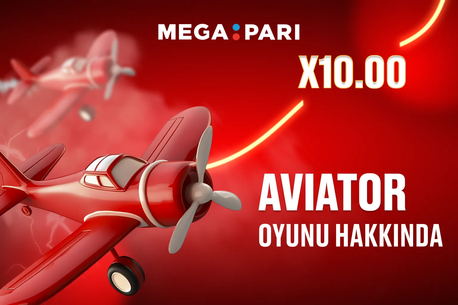 Kırmızı uçak ve x10.00 çarpanıyla Megapari Aviator oyununun tanıtım görseli