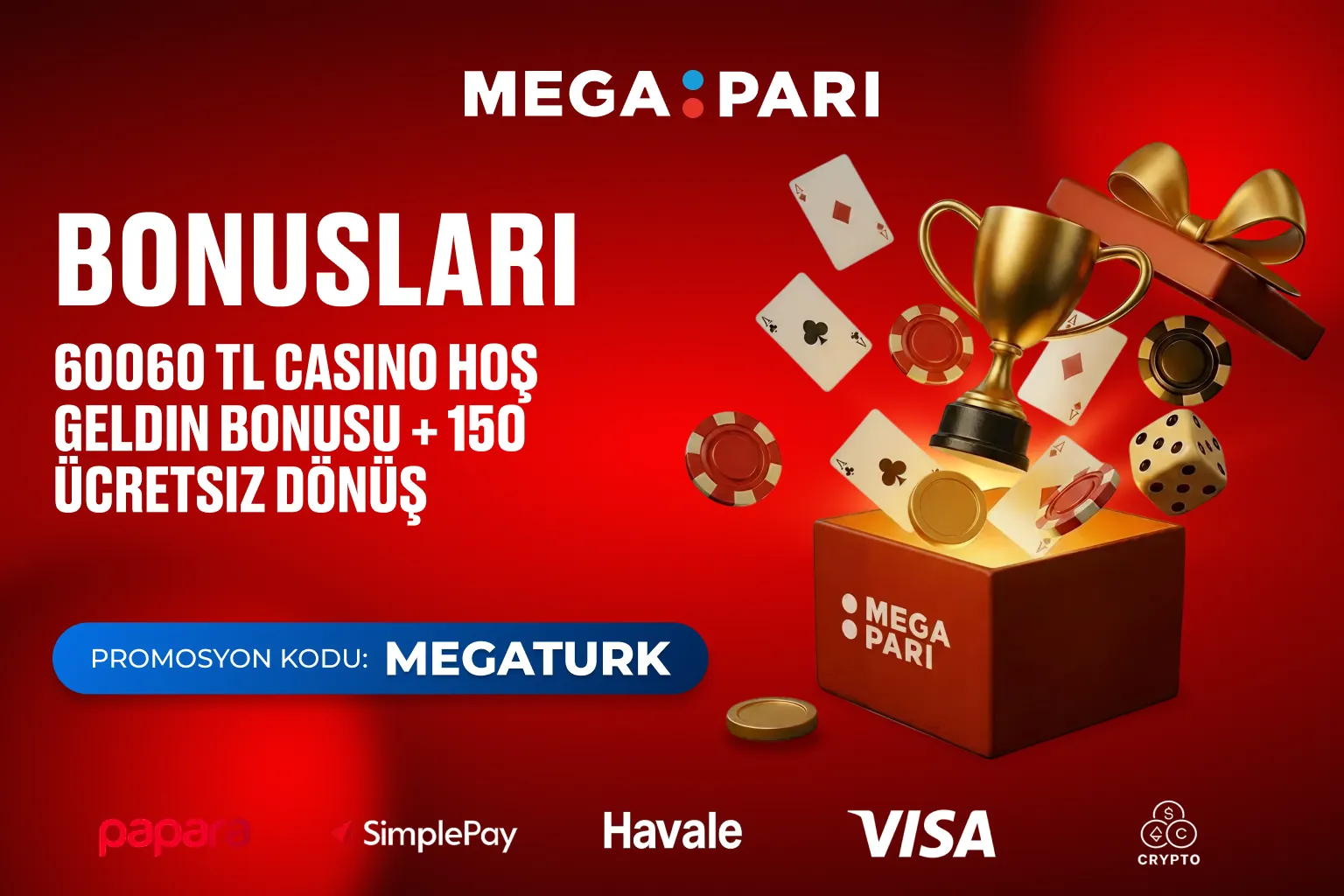 Megapari promosyonları için altın madeni paralar ve hediye kutusu simgesi