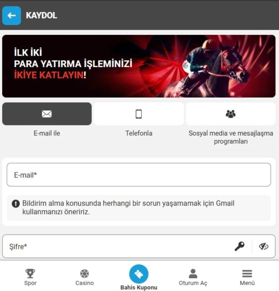 Megapari E-posta Kayıt Formu Ekranı