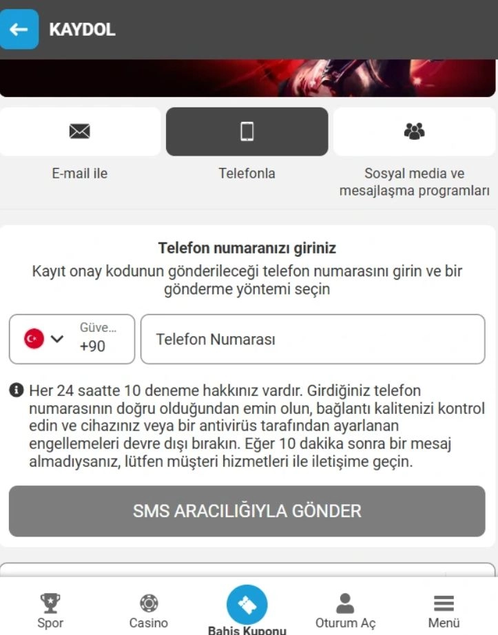 Megapari Mobil Üyelik Formu Ekranı