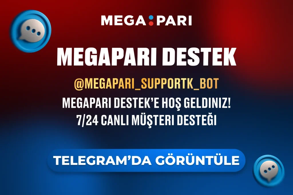 Megapari kullanıcı destek botu arayüzü, Telegram üzerinden canlı yardım saatleriyle birlikte gösteriliyor
